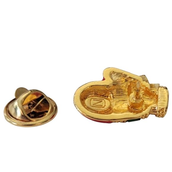 Red Green Enamel Clear Rhinestone With Flower Mitten Lapel Scatter Pin, E795 - Picture 7 of 9